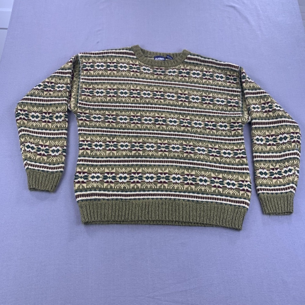 VINTAGE Puritan Sweaters Mens LG Lot of 2 Khaki Fair Isle Blue Stripe 90s Knit - Picture 2 of 16